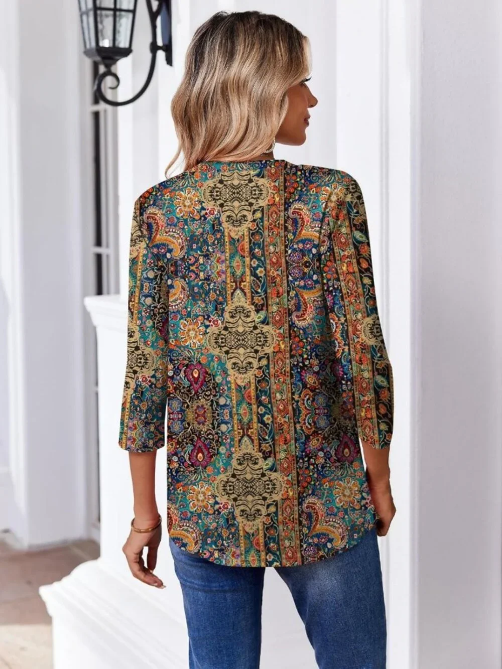 Boho Floral Blouse with V-Neck | 3/4 Sleeve Tunic Top for Work & Casual Wear